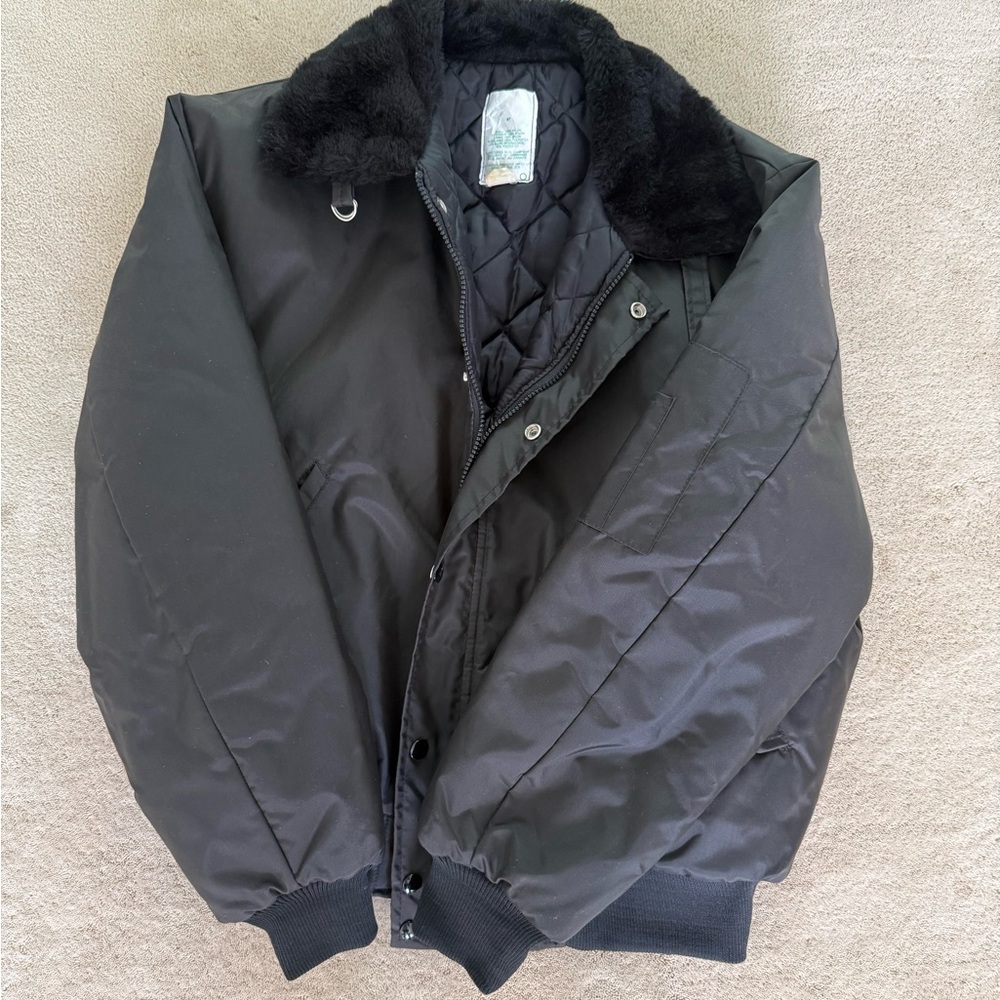 Classic Men's Black Bomber Jacket with Faux Fur Collar